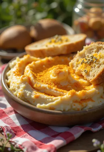 Liptauer mit frischem Gemüse und auf Toast gestrichen serviert