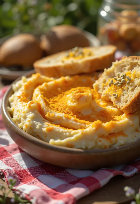 Liptauer mit frischem Gemüse und auf Toast gestrichen serviert