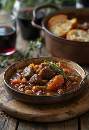 Rindergulasch mit Rotwein serviert