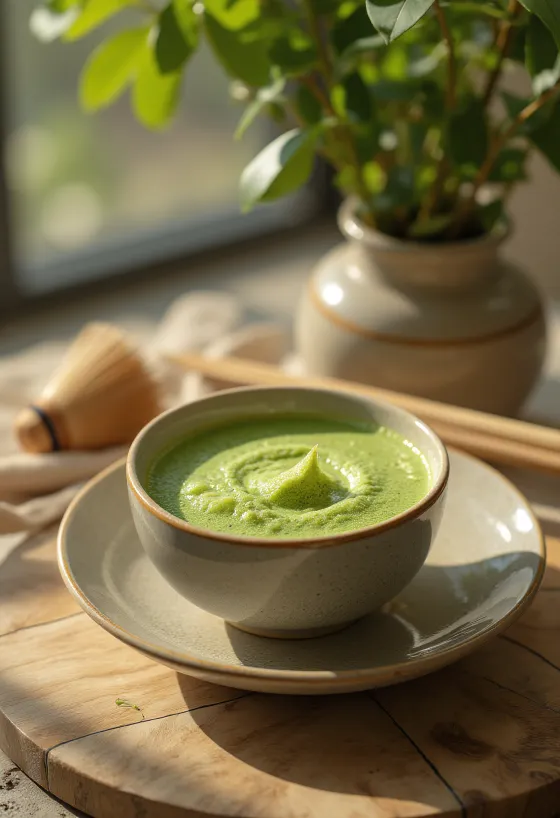 Tasse schaumiger Matcha Tee, bestäubt mit Matcha-Pulver