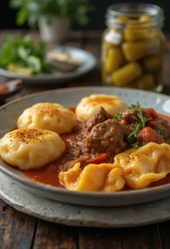 Saftiges Pörkölt (Gulasch) mit frischen Nockerln serviert auf einem weißen Teller.