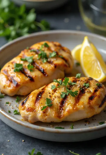 Gegrillte Hähnchenbrust serviert mit Salat und Grillgemüse
