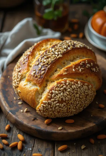 Mit Kernen bestreutes finnisches Roggenbrot mit knuspriger Kruste, dunkler Holzuntergrund