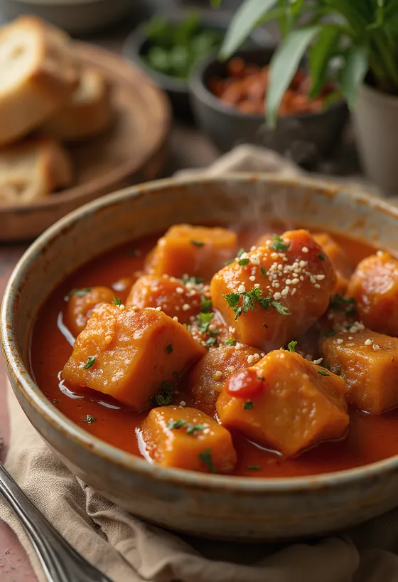 Roter Seitan-Eintopf mit grünen Paprikastücken
