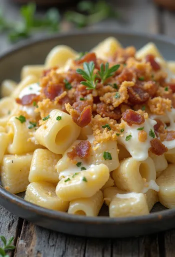 Topfenfleckerl mit Grammeln bestreut, serviert mit frischem Dill