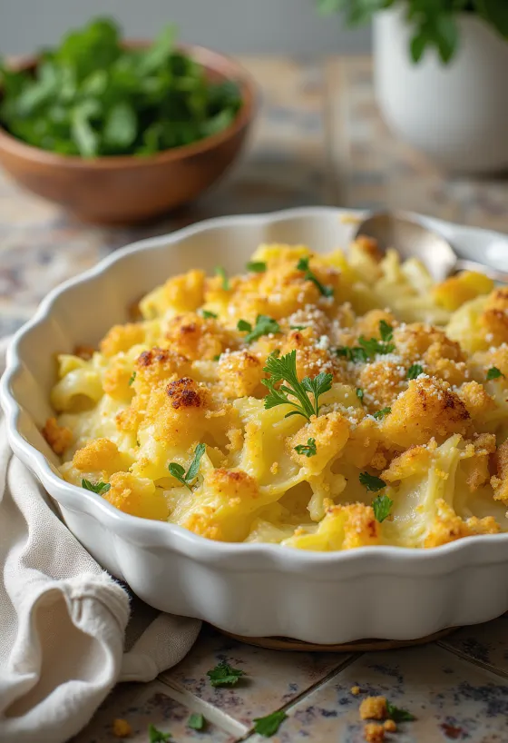 Servierter veganer Wirsing-Auflauf