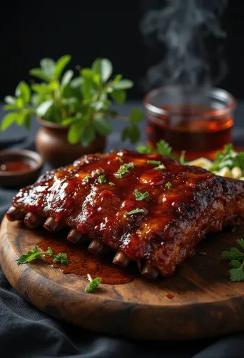 BBQ-Rippchen serviert mit Bratkartoffeln und frischem Salat