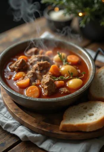 Kesselgulasch rauchig, reichhaltig serviert mit frischem Brot