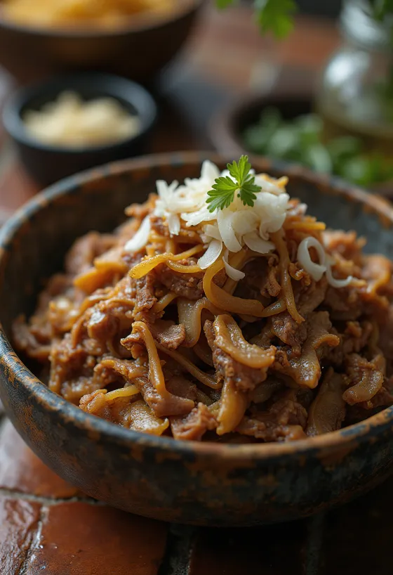 Carne Seca serviert mit Reis und frischem Koriander
