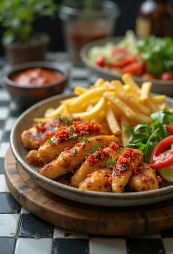 Scharfer Gyros-Teller mit gebratenem Fleisch, Gemüse und Chili-Soße