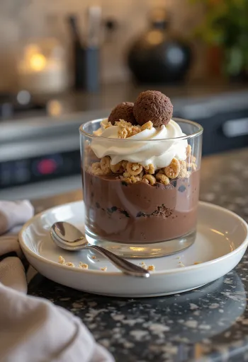 Serviertes Schokoladendessert im Glas mit Kugeln