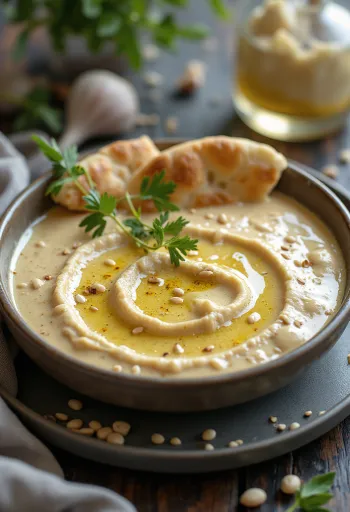 Servierte Curry-Knoblauch-Tahini-Sauce