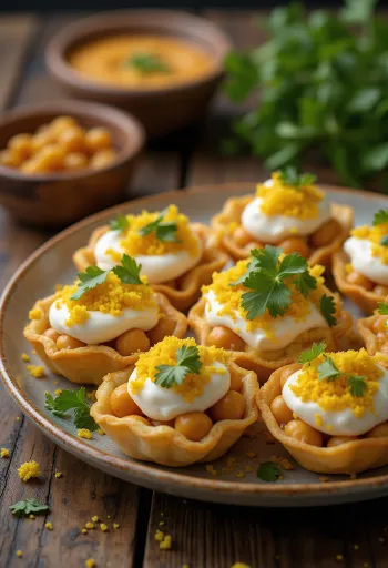 Dahi puri mit Sev, Joghurt-Sauce, Kichererbsen und Sev-Knusperstückchen serviert