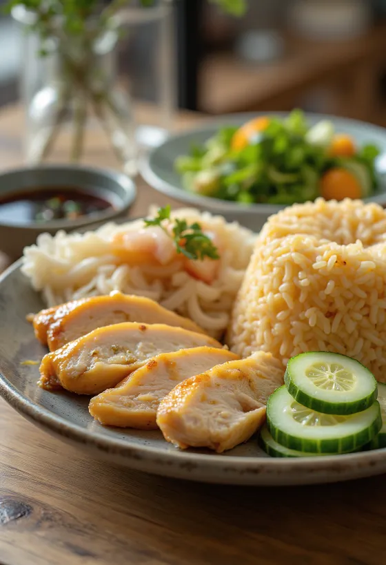 Hainan-Hähnchen serviert mit Reis und Gurke