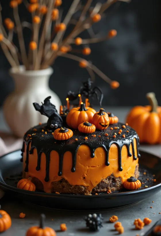 Halloween-Torte mit orangefarbenem Fondant und schwarzer Dekoration