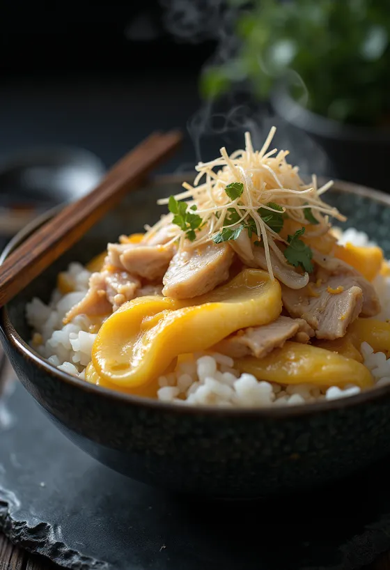Oyakodon mit Katsuobushi, serviert auf gekochtem Reis mit reichen Aromen