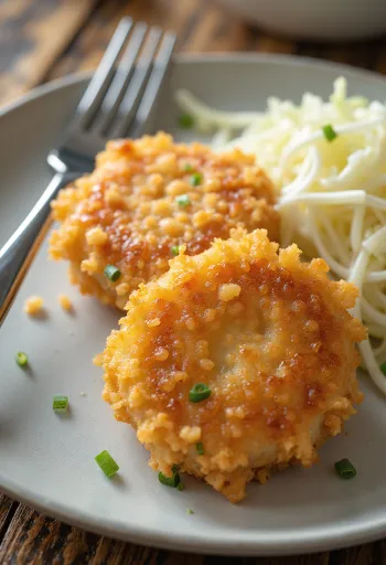 Menchi Katsu mit Kohl, knusprig paniertes Fleischpflanzerl serviert mit Krautsalat