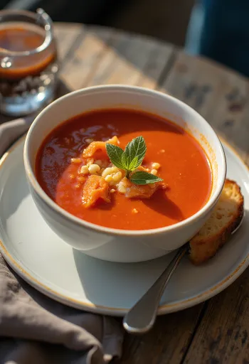 Tomatensuppe mit duftendem Basilikum und gerösteten Brotwürfeln
