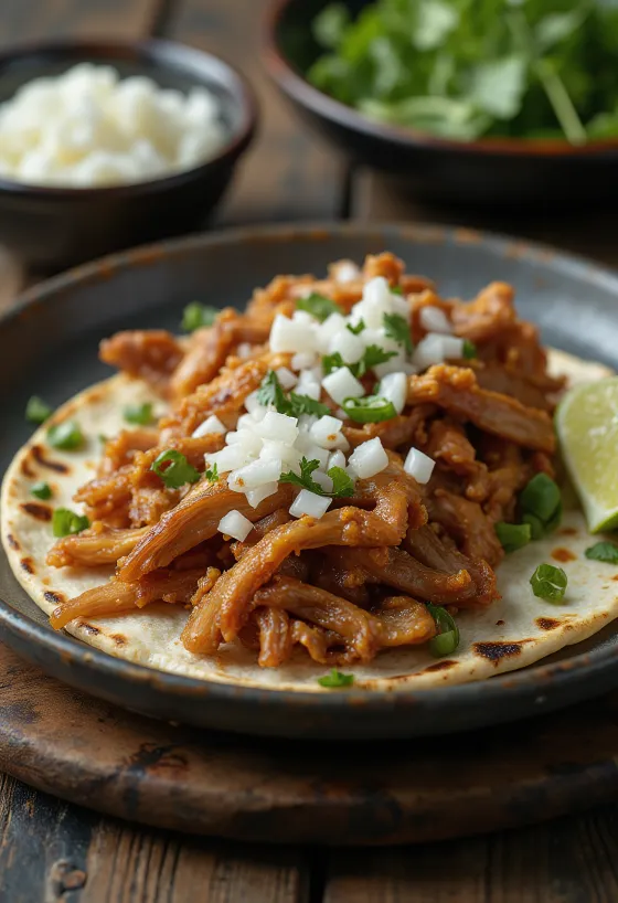 Pork Carnitas serviert in warmen Tortillas