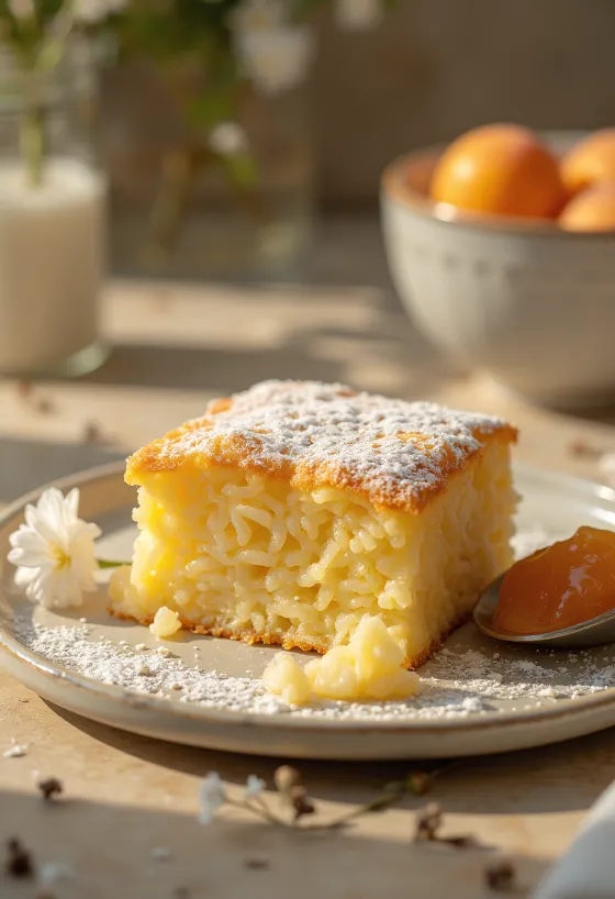 Goldbraun gebackener Reisauflauf, mit Puderzucker bestäubt und Fruchtmarmelade serviert