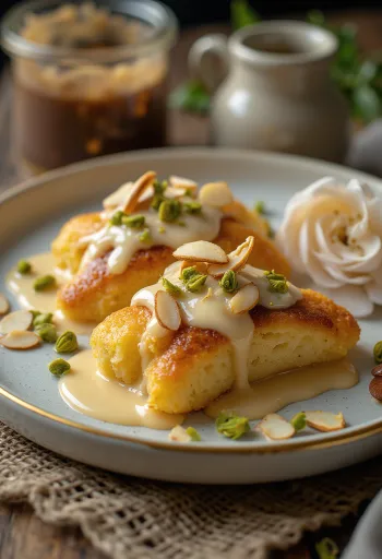 Shahi Tukda mit Vanillesauce, dekoriert mit Mandeln und Pistazien