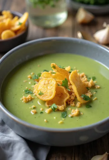 Servierte vegane Zucchinisuppe mit Röstknoblauch