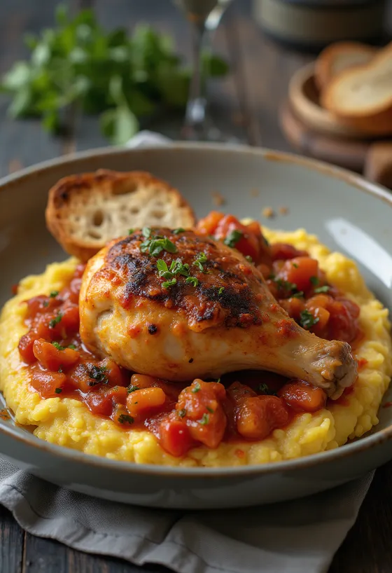 Cacciatore mit Polenta, Tomatensauce und frischem Basilikum serviert