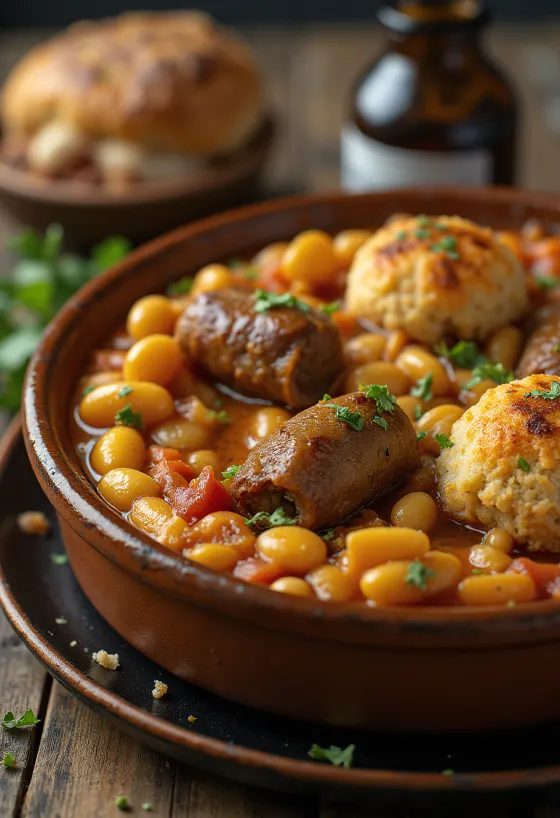 Cassoulet mit Lammfleisch, Bohneneintopf mit Wurst