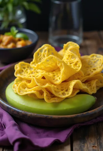 Roti Jala im Bananenblatt serviert, köstliches malaysisches Gericht