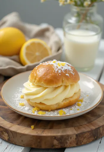 Windbeutelartiges Hefegebäck gefüllt mit weißer Creme und Puderzucker bestäubt