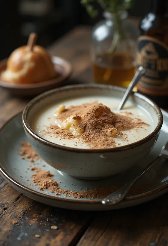 Cremiger Grießbrei mit Kakao bestreut und frischen Früchten serviert.