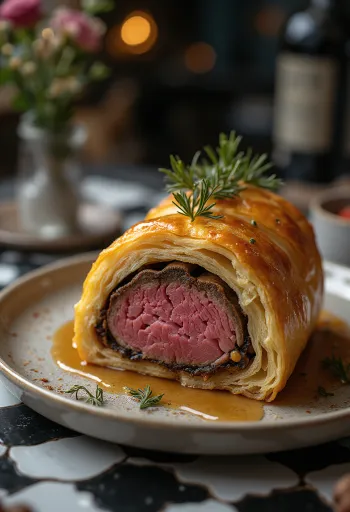Filet Wellington in Scheiben geschnitten, serviert mit frischem Gemüse