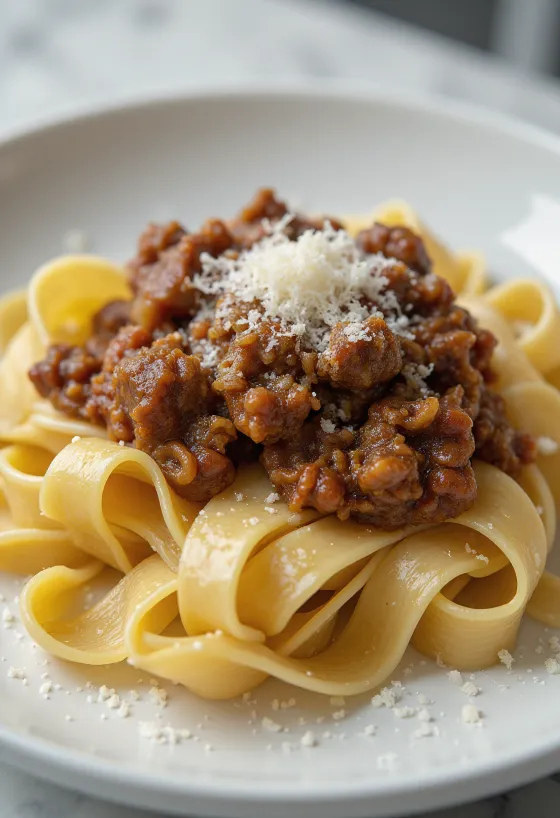 Wildschwein-Ragout mit Pappardelle serviert auf einem rustikalen Teller.